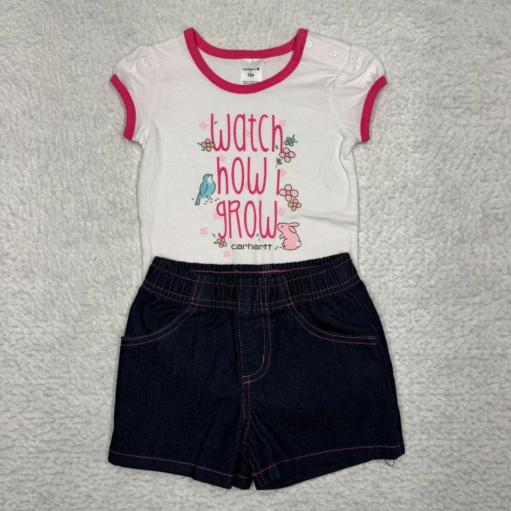 NOWT Girl Size 12 Month Carhartt Denim Shorts and Shirt Set Logo Pink